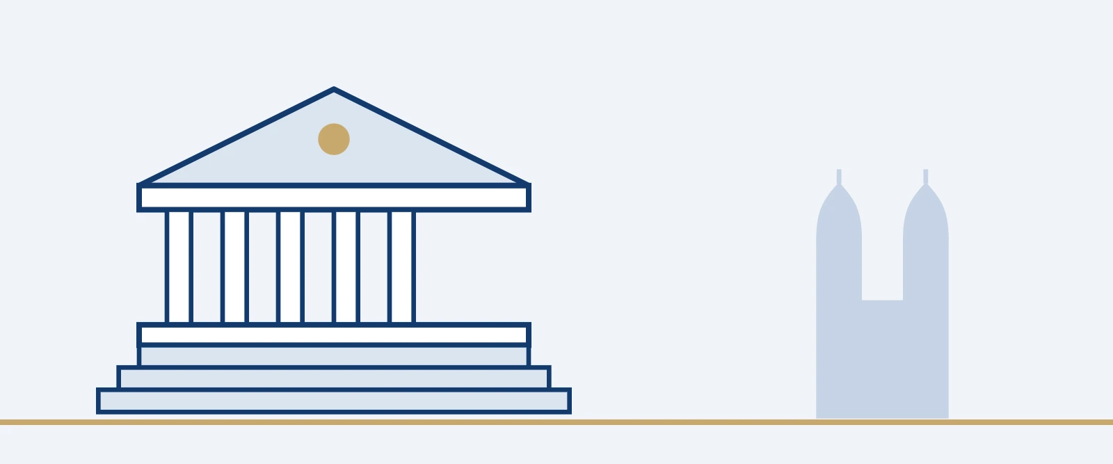 Illustration of a courthouse with columns, the towers of the Munich Frauenkirche in the background